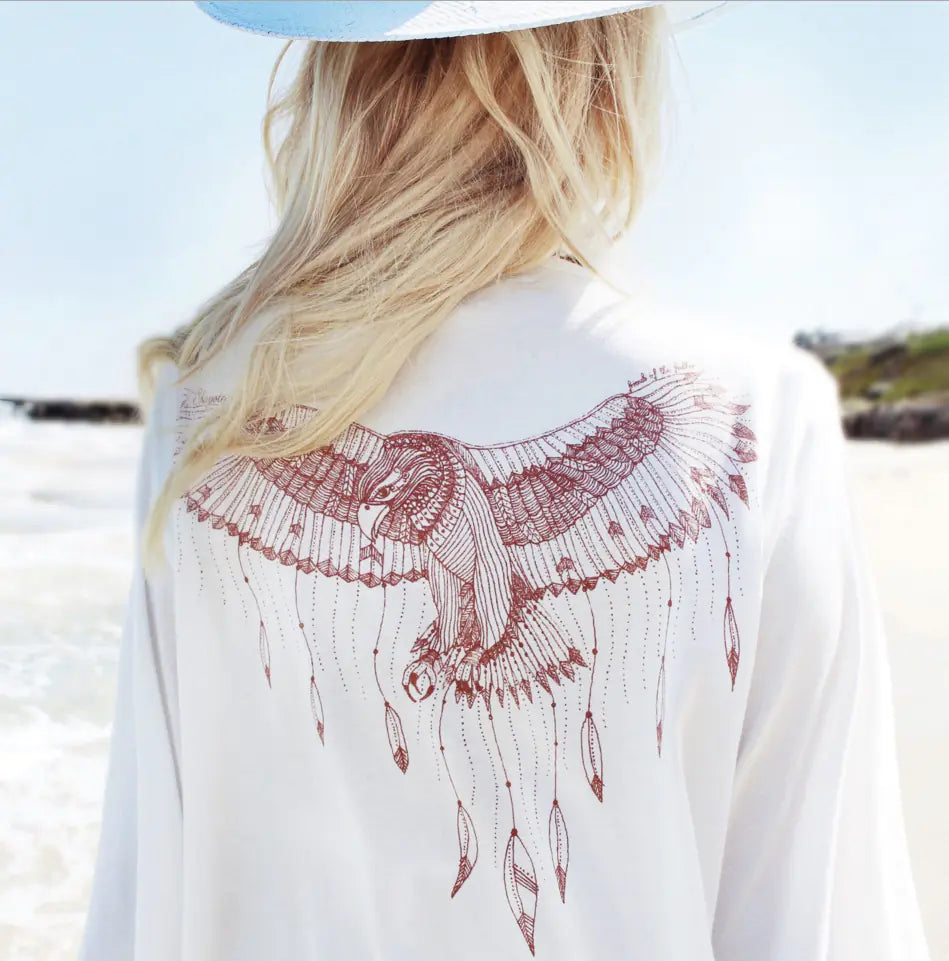 Boho-Chic Serenity: Eagle Print Lace Beach Cover-Up & Chiffon Blouse