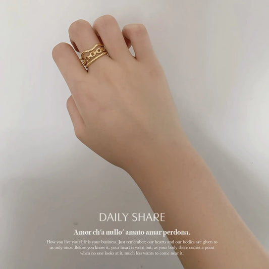 18K Gold Plated Three-Layer Wave Beads Titanium Ring
