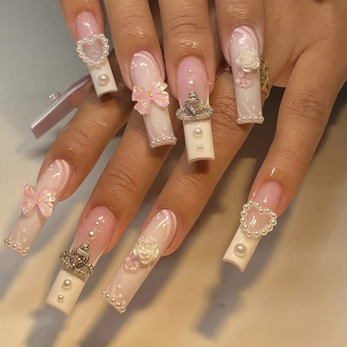 Ethereal Elegance: French Marble Butterfly &amp; Pearl Press-On Nails (24pc Set)
