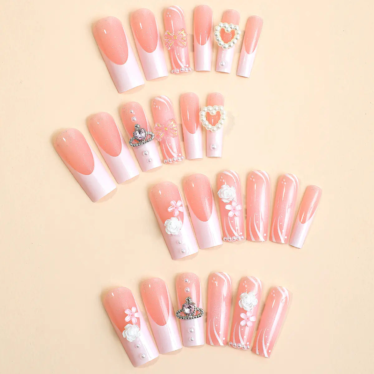 Ethereal Elegance: French Marble Butterfly &amp; Pearl Press-On Nails (24pc Set)