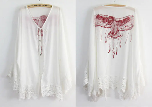 Boho-Chic Serenity: Eagle Print Lace Beach Cover-Up &amp; Chiffon Blouse
