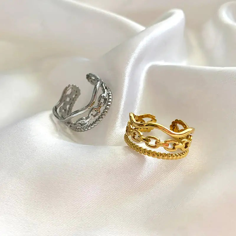 18K Gold Plated Three-Layer Wave Beads Titanium Ring