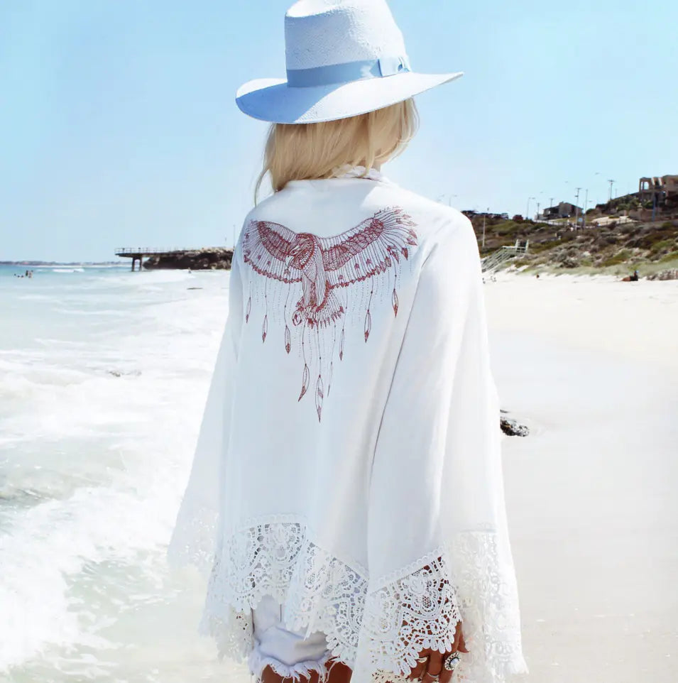 Boho-Chic Serenity: Eagle Print Lace Beach Cover-Up &amp; Chiffon Blouse