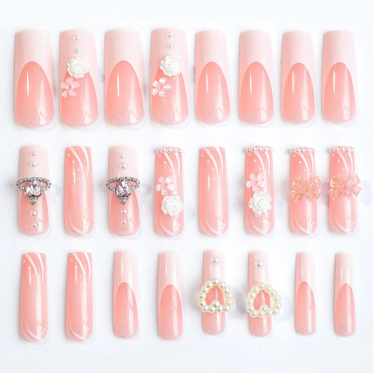 Ethereal Elegance: French Marble Butterfly &amp; Pearl Press-On Nails (24pc Set)