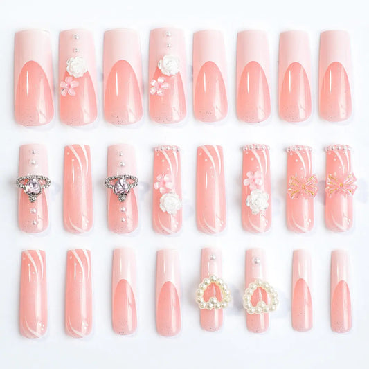 Ethereal Elegance: French Marble Butterfly &amp; Pearl Press-On Nails (24pc Set)